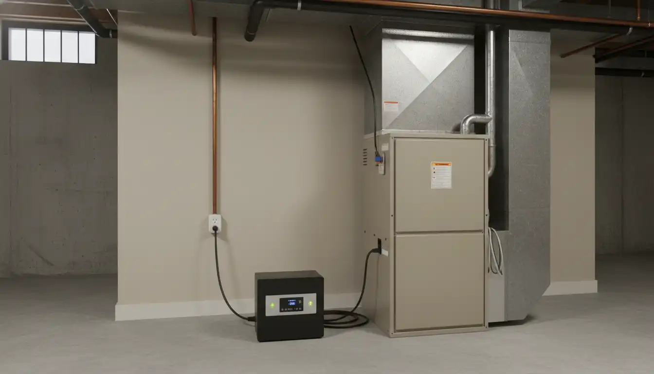 A black uninterruptible power supply unit with its power cord plugged into a wall outlet next to a residential gas furnace in a basement.
