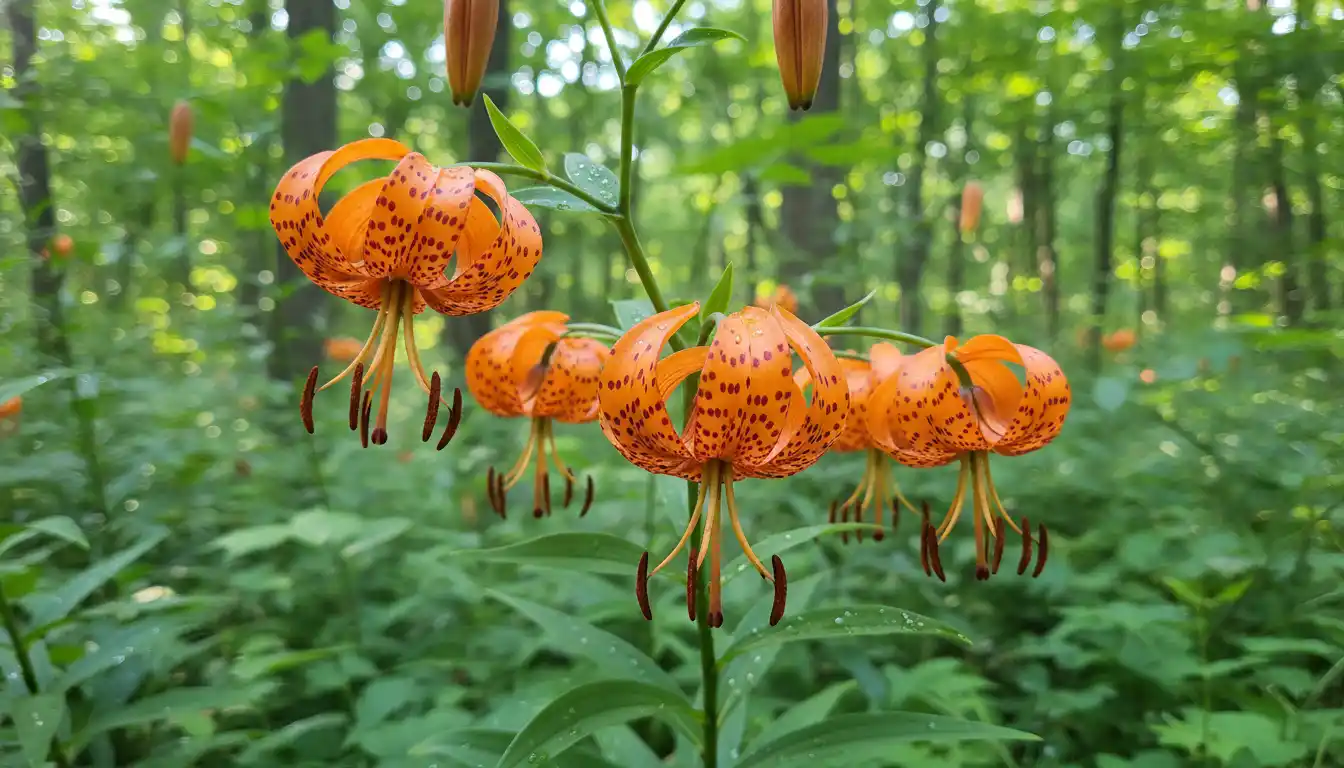 A vibrant orange Turk's cap lily with downward-facing, reflexed petals covered in dark maroon spots, blooming on a tall, green stalk.