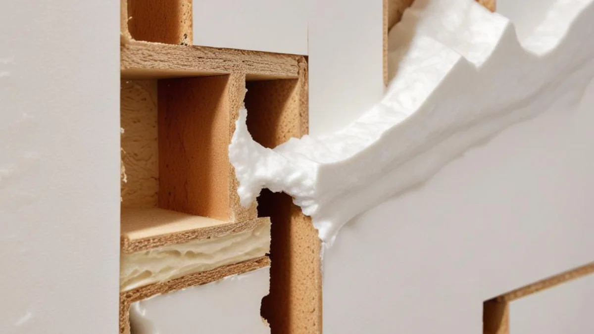 Close-up of thick, white premium foam insulation completely filling the cavity between wooden wall studs.