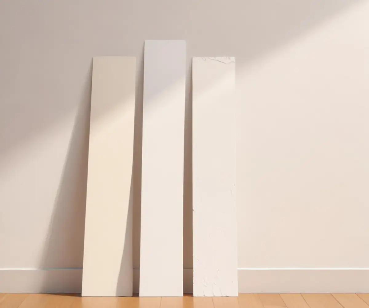Side-by-side swatches of two different white paint colors, one a brilliant neutral white and the other a slightly softer white, on a plain wall under neutral lighting.