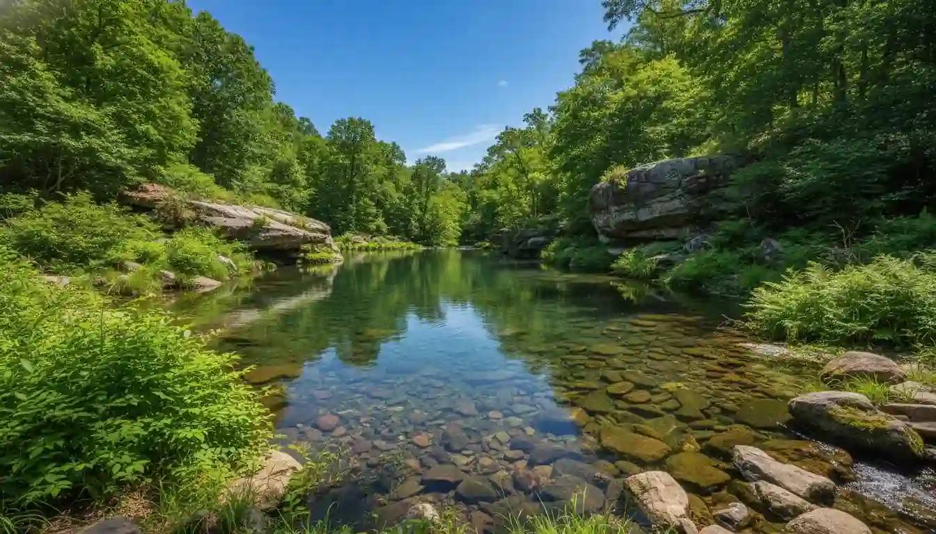 A clear, tranquil spring-fed pond surrounded by lush green foliage and natural rock formations under a bright sky.