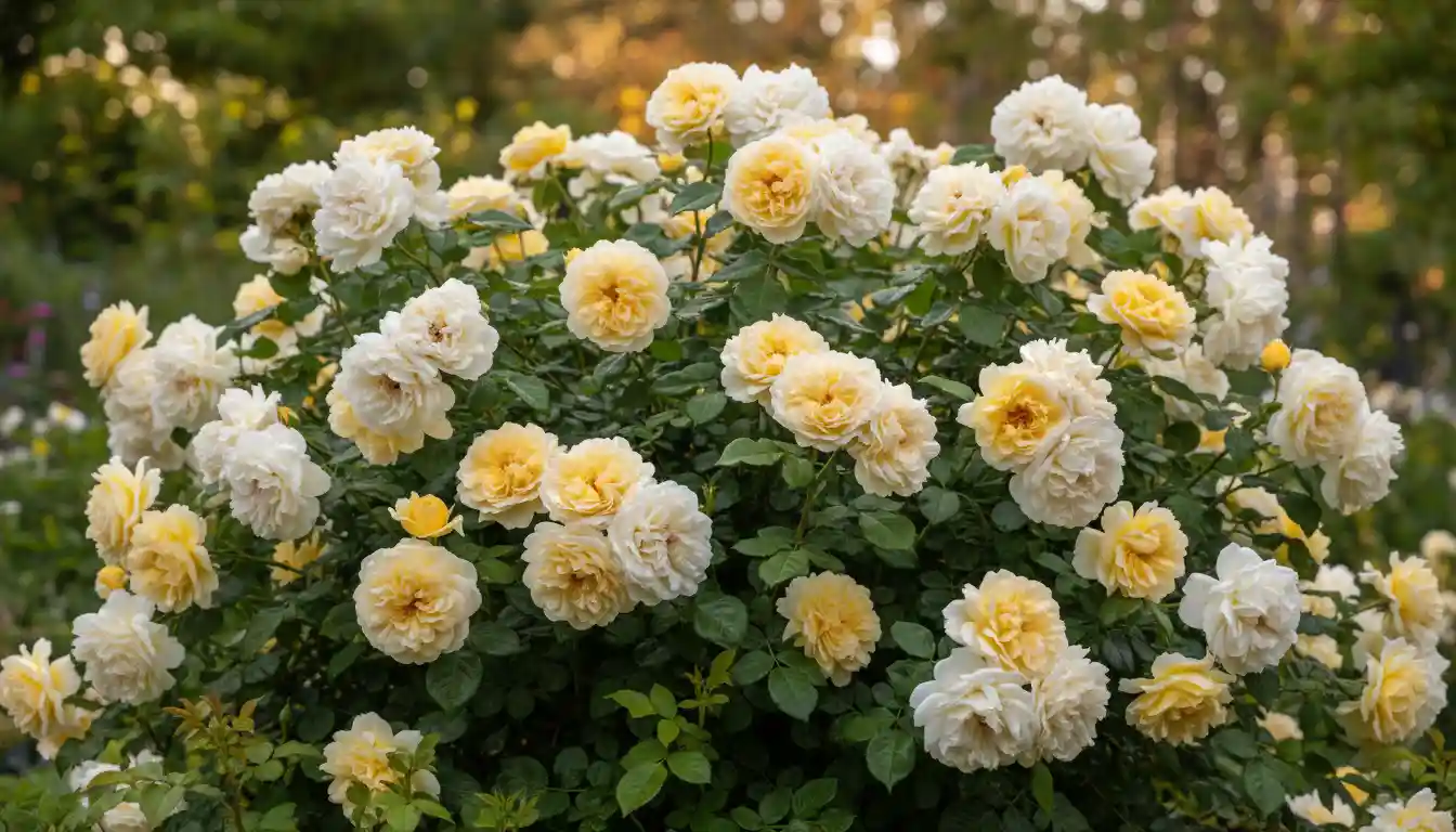 A lush garden bush with clusters of pale yellow and white Vanessa Bell roses in full bloom.