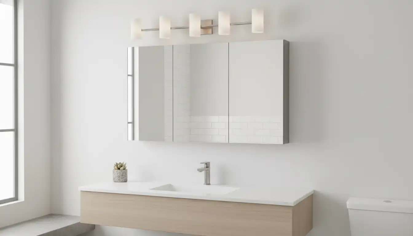 A modern bathroom vanity light fixture mounted on a wall above a surface-mount medicine cabinet with a mirror.