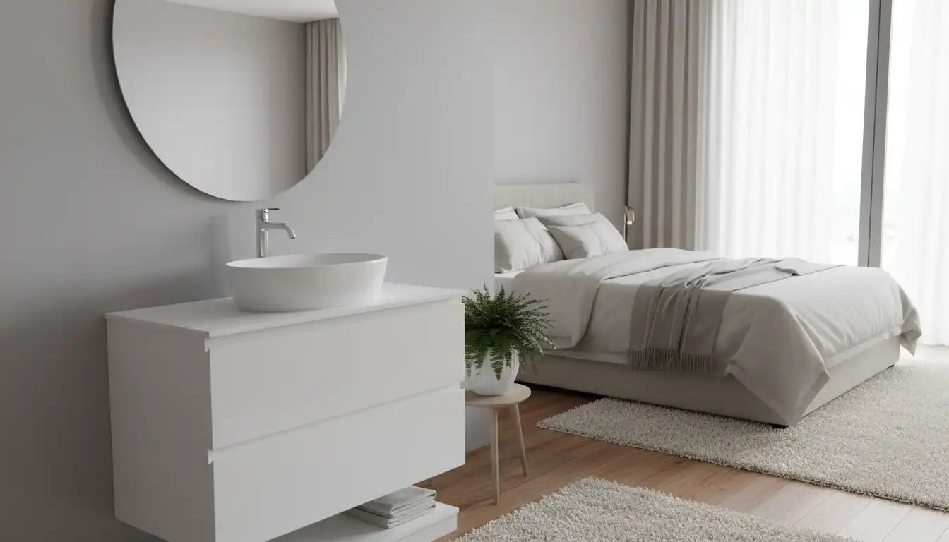A stylish white bathroom vanity with a ceramic vessel sink and modern faucet installed in the corner of a bedroom.