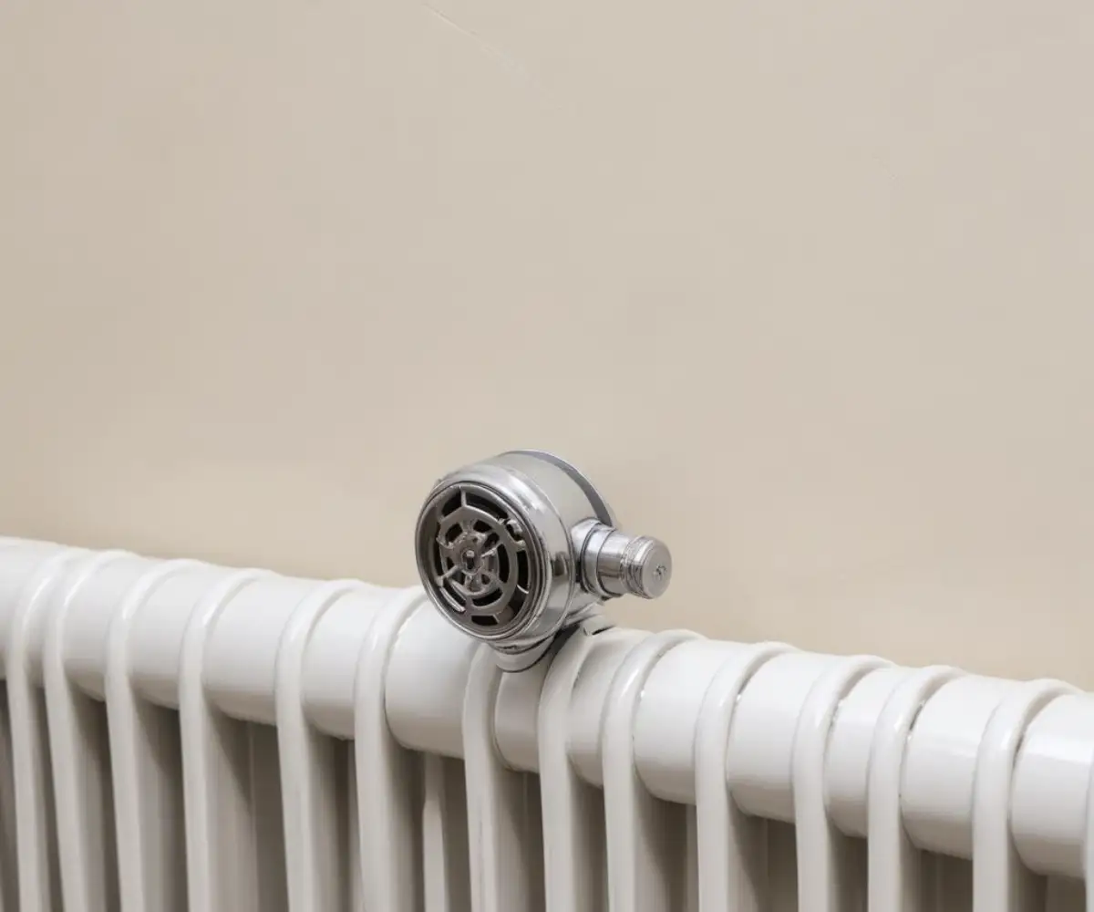 A close-up view of a chrome-plated, adjustable air vent valve with a small lever, attached to the side of a white, cast-iron radiator near a light-colored wall.