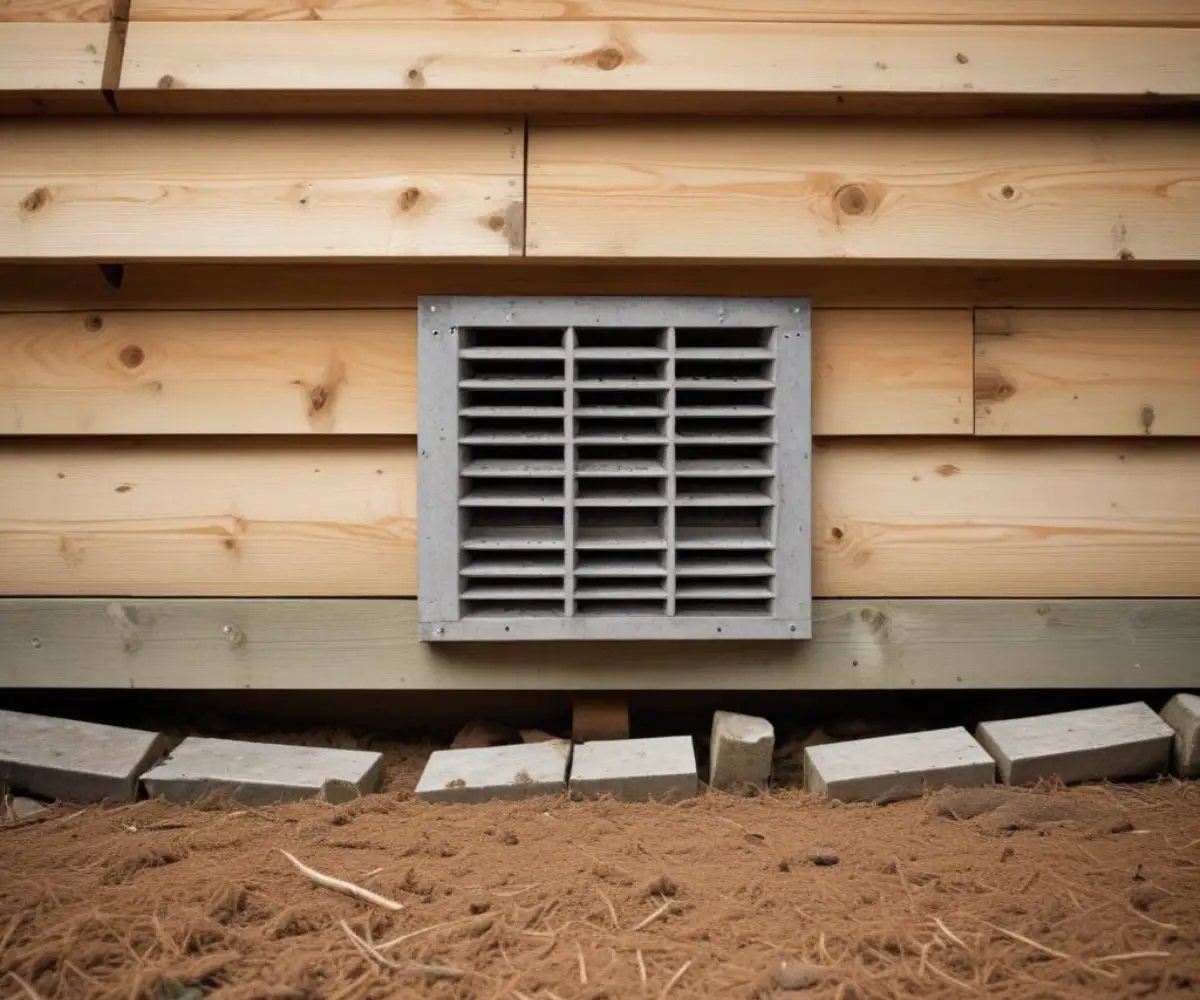Air vent installed in the foundation of a wooden shed for underfloor ventilation.