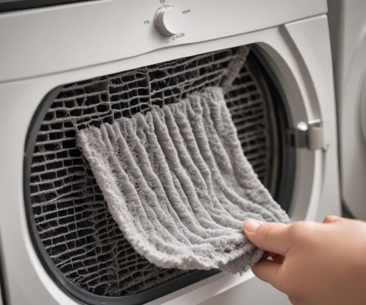 Close-up view of a clogged lint filter from a ventless condenser dryer.