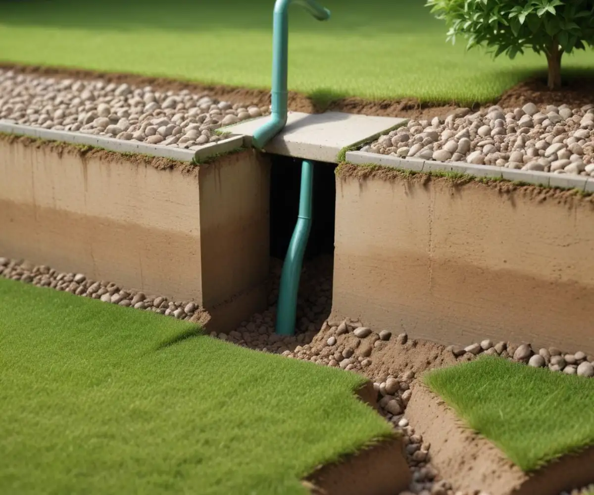 A cross-section of a vertical french drain, showing a gravel-filled trench with a perforated pipe installed in a green lawn.