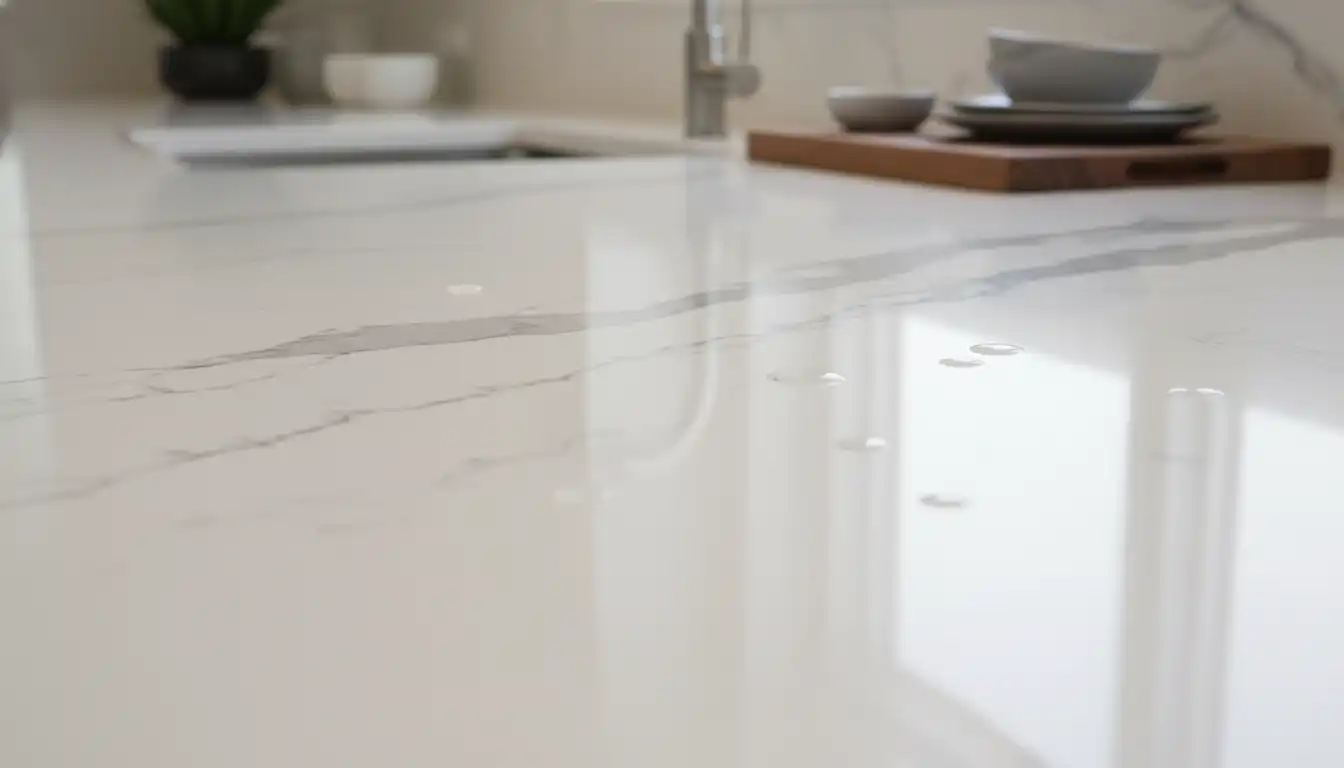 A polished Viatera quartz kitchen countertop with subtle gray veining and a smooth, reflective surface.