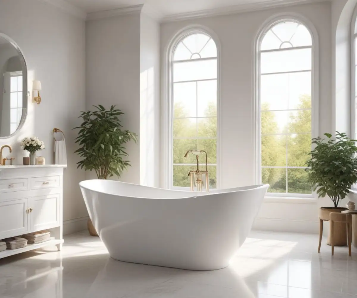 A luxurious white Victoria and Albert freestanding bathtub in a modern, elegant bathroom setting.