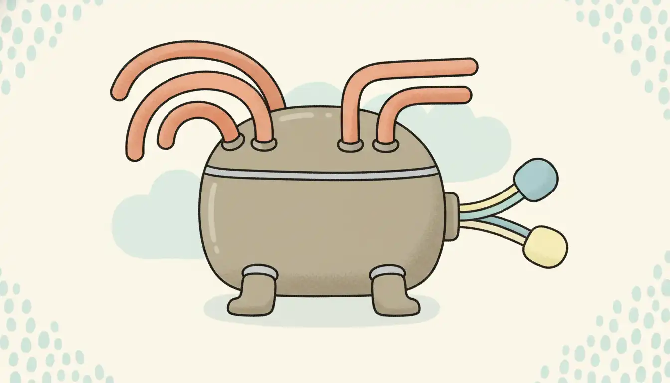 A close-up of a new refrigerator compressor unit with copper tubing and electrical connections against a plain, neutral background.