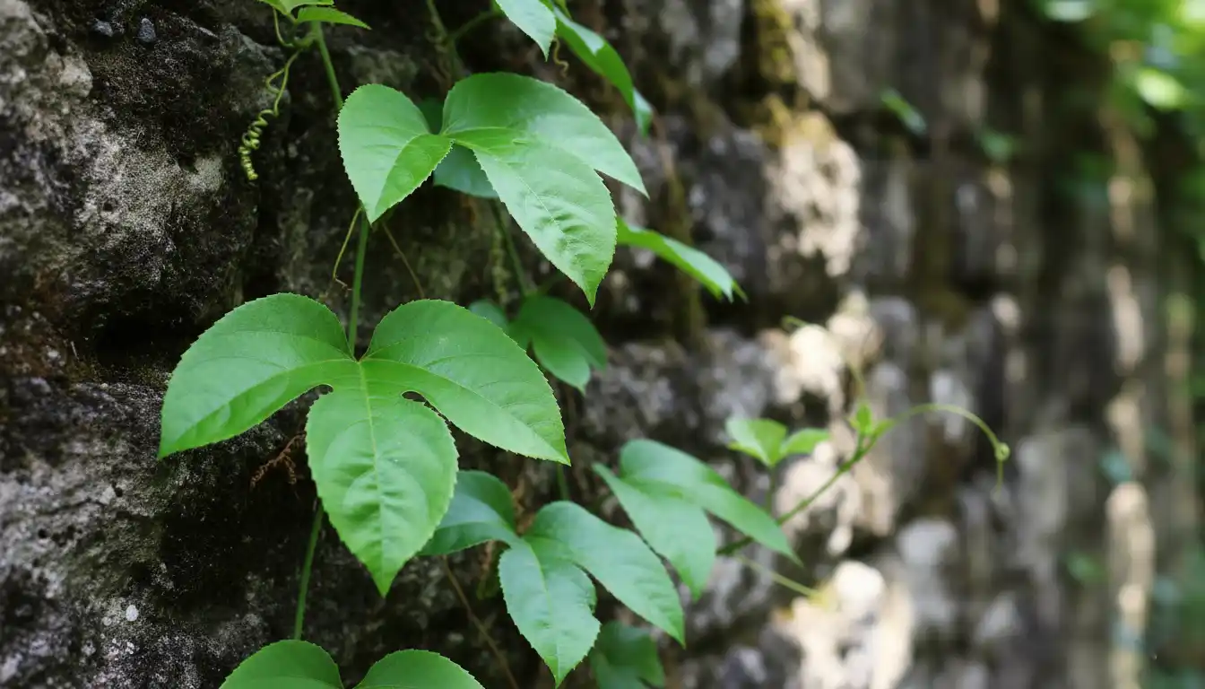 A close-up of a lush green vine with distinctive three-lobed leaves climbing a weathered stone wall.