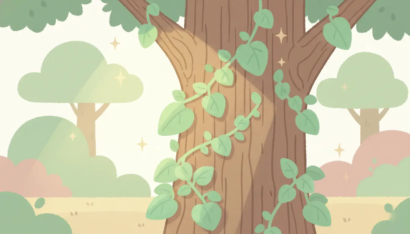 Lush green vines clinging to the bark of a mature tree trunk in a sunlit forest.