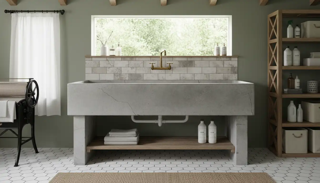 A freestanding vintage double basin concrete laundry sink in a utility room.