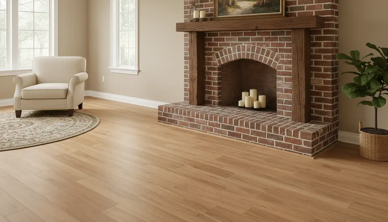 Light wood-look vinyl plank flooring installed around a classic brick fireplace hearth.