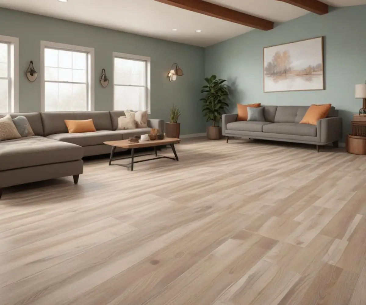 Luxury vinyl plank flooring installed in a finished basement.
