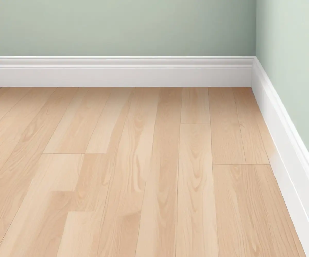 Light wood-grain vinyl plank flooring installed neatly against a white baseboard, showing a clean edge without any quarter round molding.