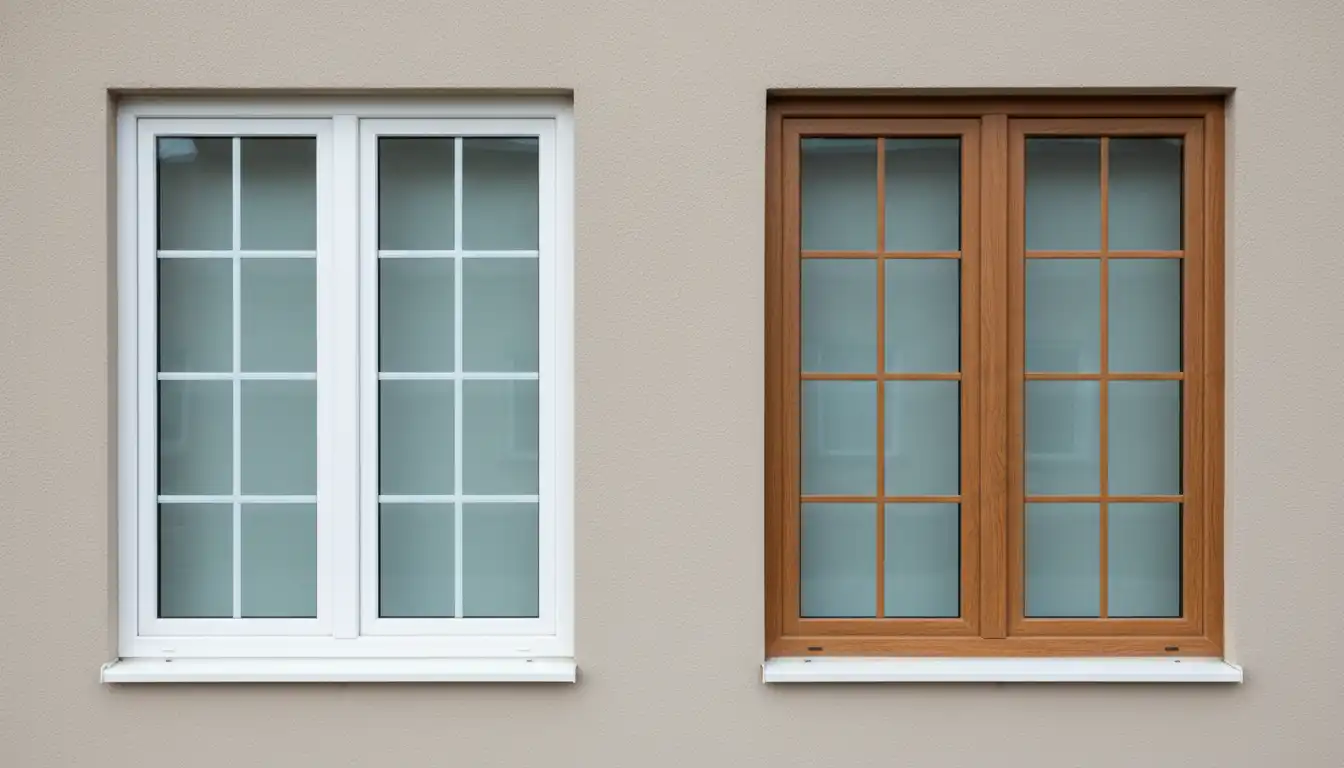 A side-by-side comparison of a white vinyl Viwinco window and a wood-framed Andersen window installed in a neutral-colored wall.