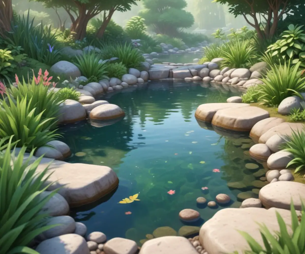A shallow, stone-lined wading pond surrounded by lush green garden plants and decorative rocks.