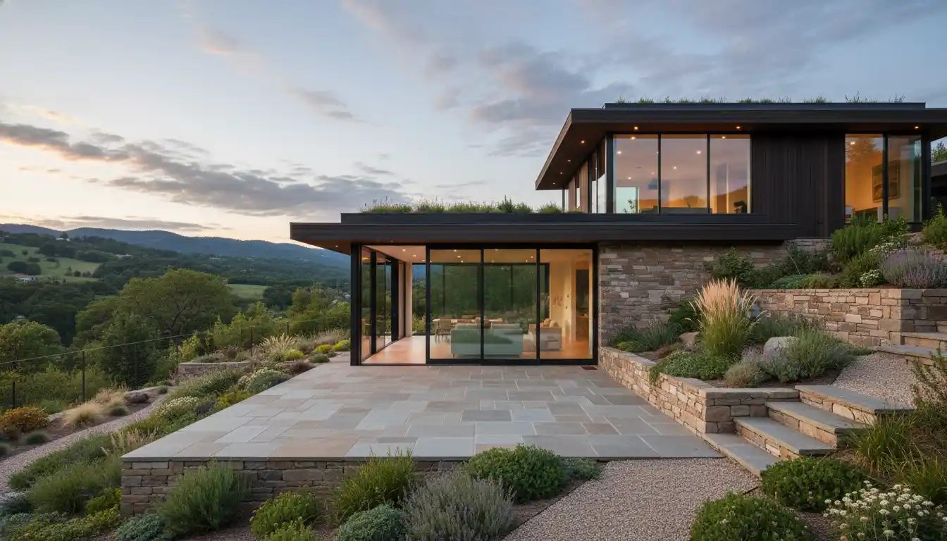 Exterior view of a modern house showcasing a newly built walkout basement addition with large glass doors opening to a stone patio and landscaped retaining walls.