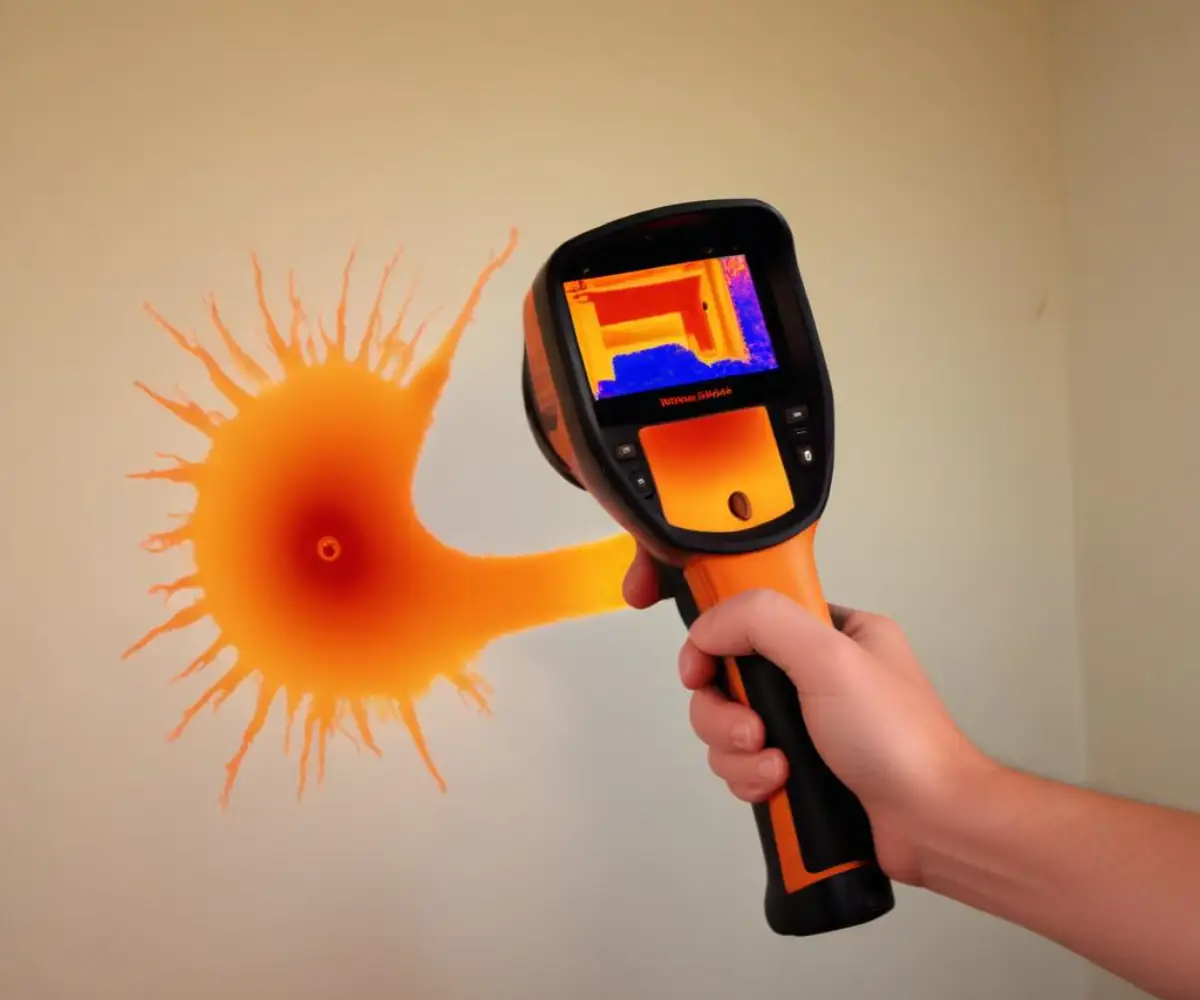 A thermal imaging camera view shows a bright orange and red hot spot on an interior wall, indicating an unseen heat source within the wall cavity.