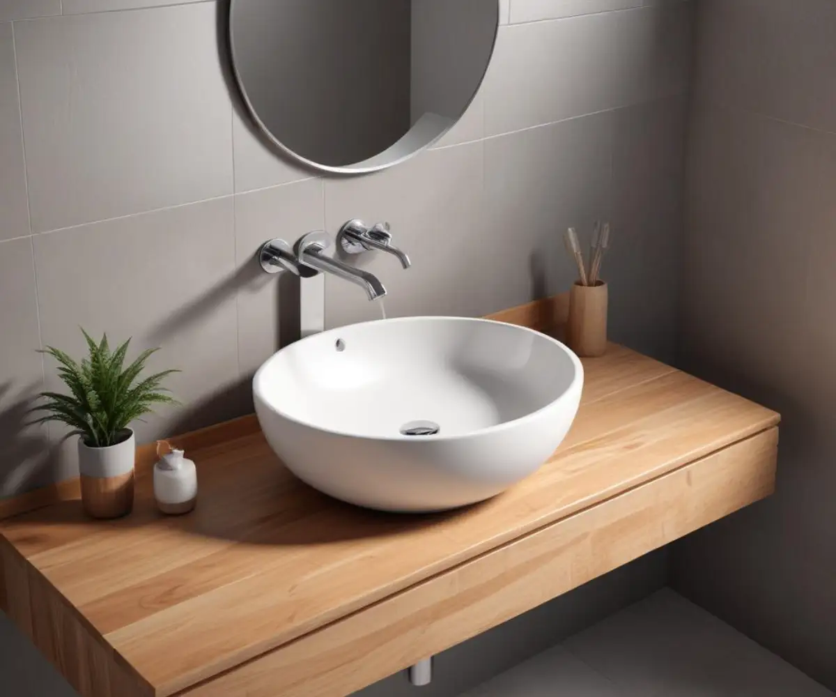 A white ceramic vessel sink on a floating wood vanity with a sleek, chrome wall-mounted faucet extending over the basin from a gray tiled wall.