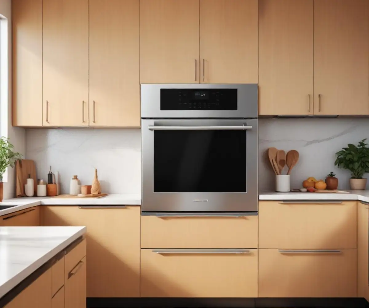Stainless steel wall oven with a flush front vent installed in a modern kitchen cabinet.