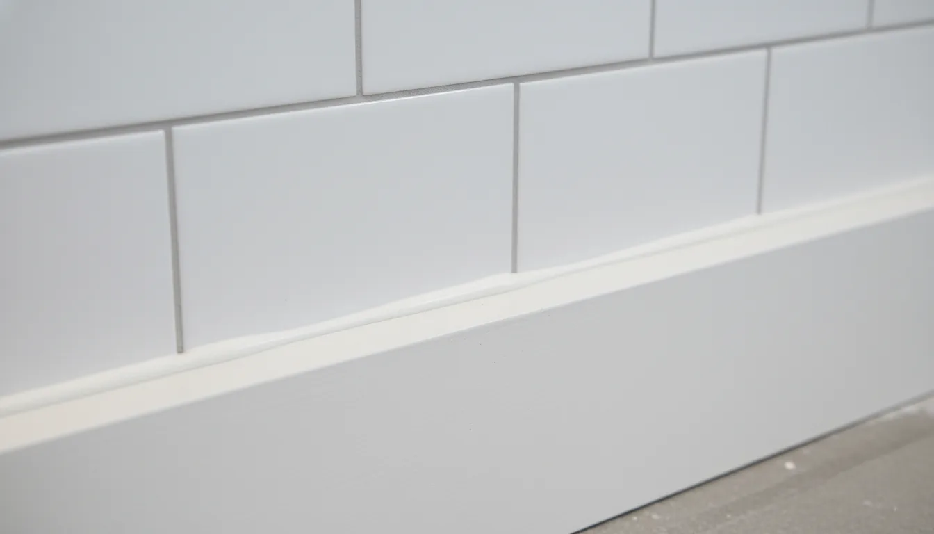 Close-up of a white tiled wall meeting a freshly painted white baseboard, showing a clean caulk line at the seam.