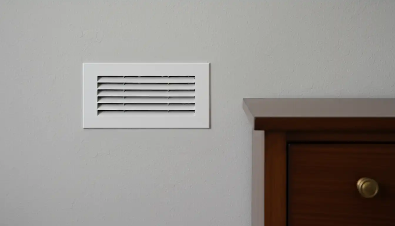 A white rectangular air vent on a light gray wall is partially covered by the corner of a dark brown wooden dresser.