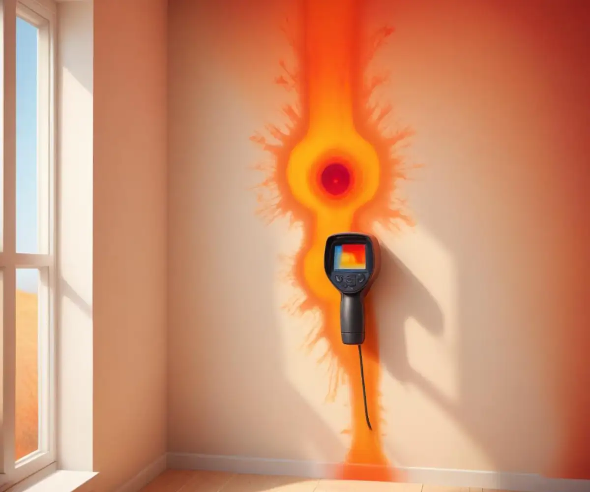 A thermal imaging camera showing a red and orange hot spot on a plain interior wall, indicating a heat source behind it.