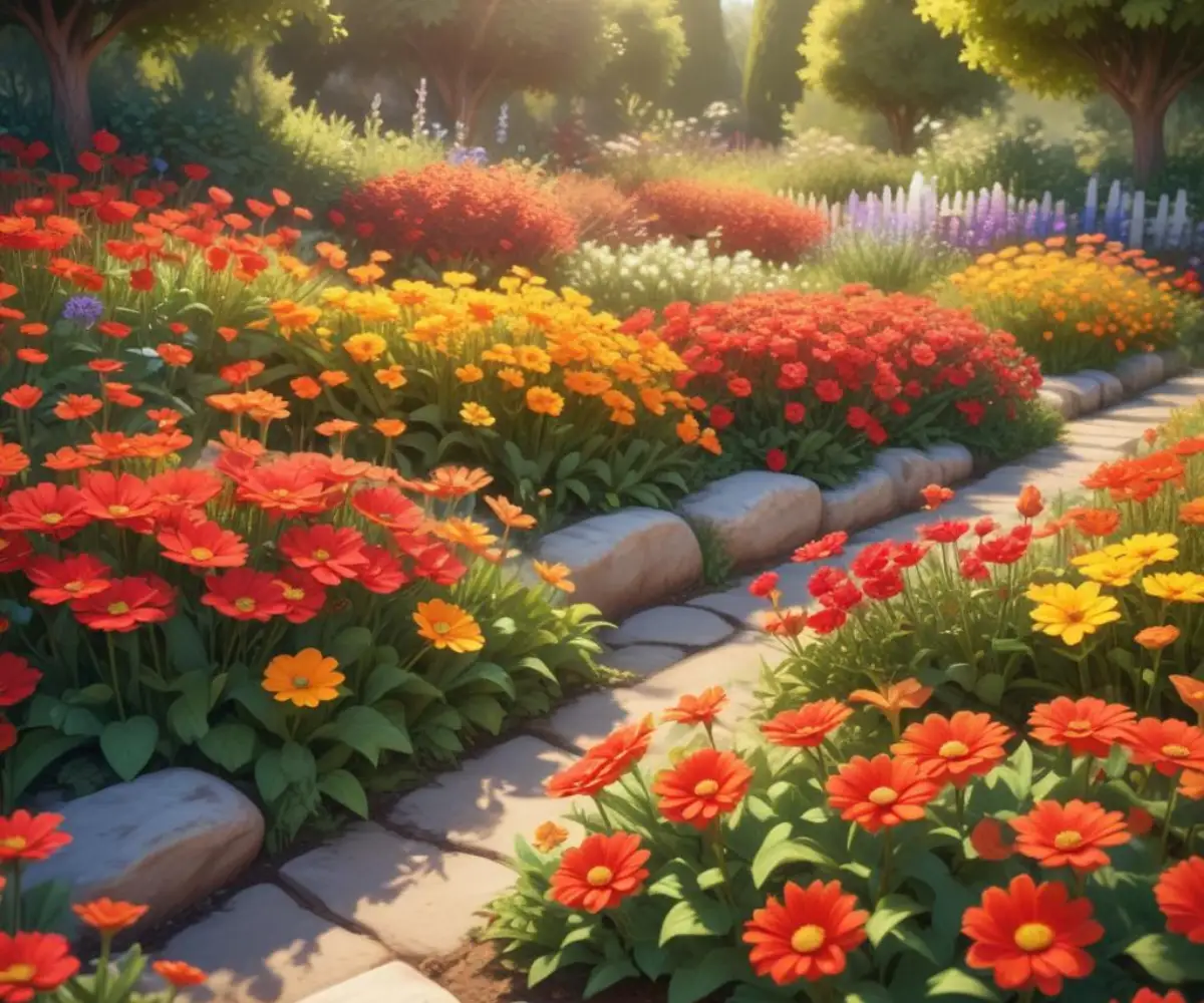 A vibrant garden bed filled with a variety of red, orange, and yellow flowers under bright sunlight.