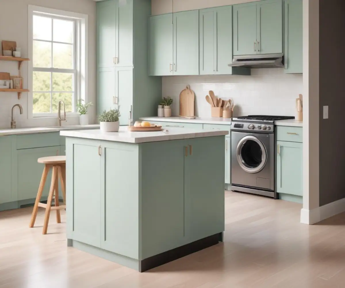 A modern kitchen island with a white countertop and dark cabinetry, with a front-loading washer and dryer built into the base.