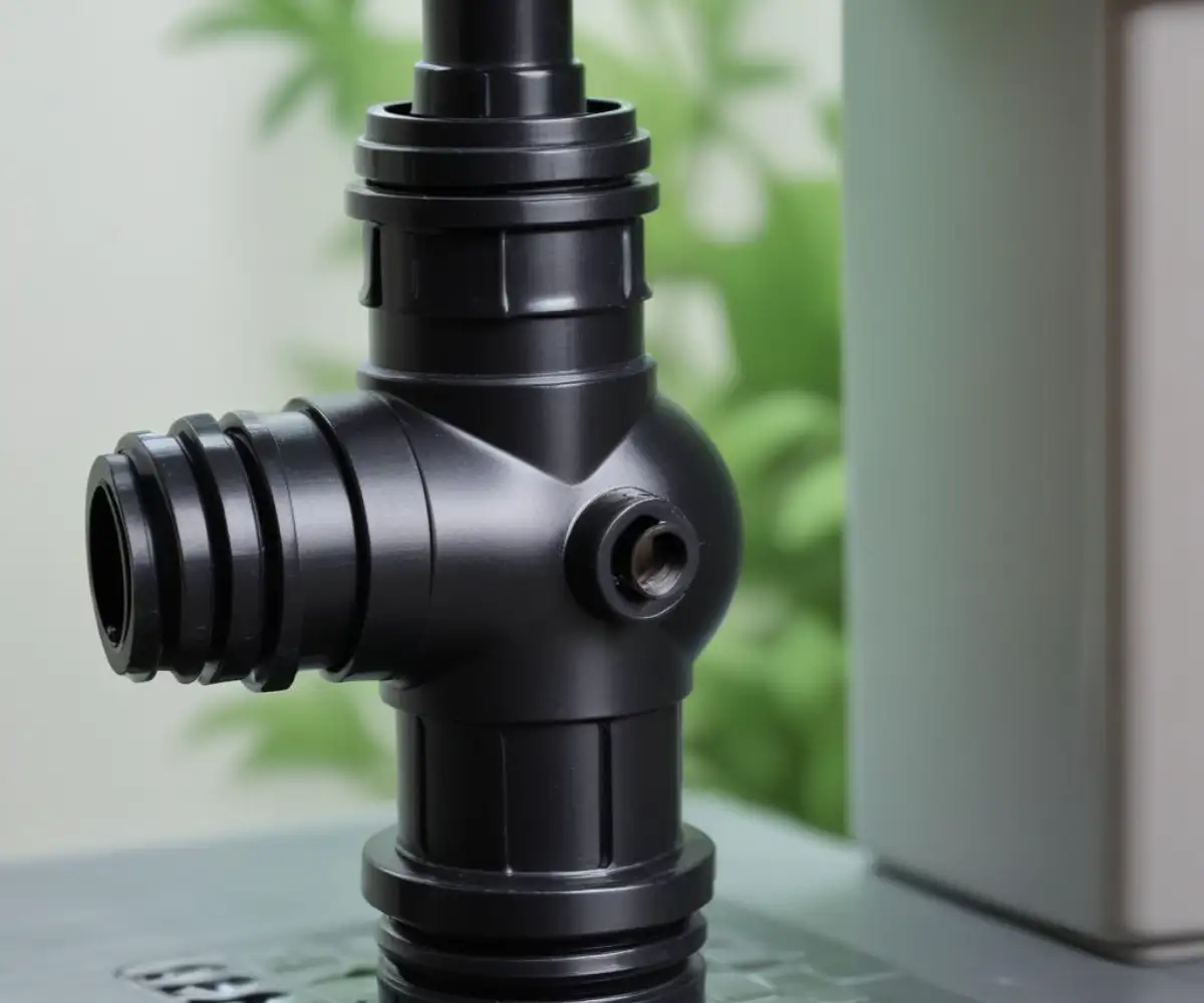 A close-up view of a black plastic, spring-loaded washing machine drain hose check valve, designed to prevent water backflow.