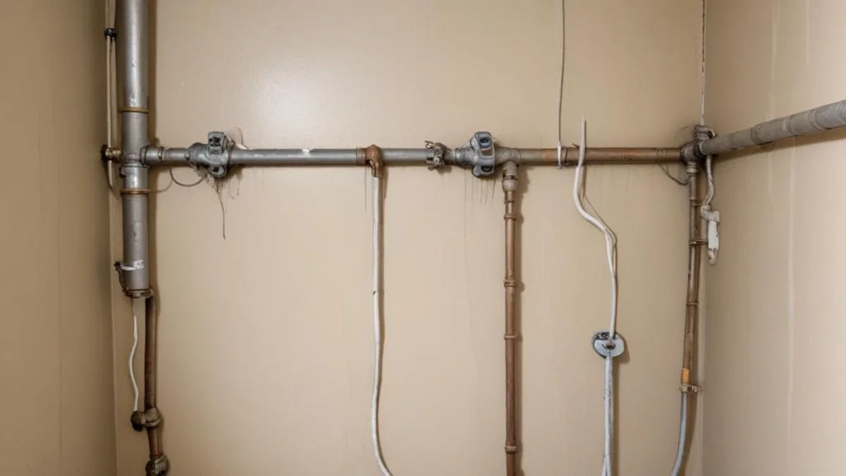 Water-damaged wall with an exposed, leaking washing machine drain pipe and surrounding plumbing connections.
