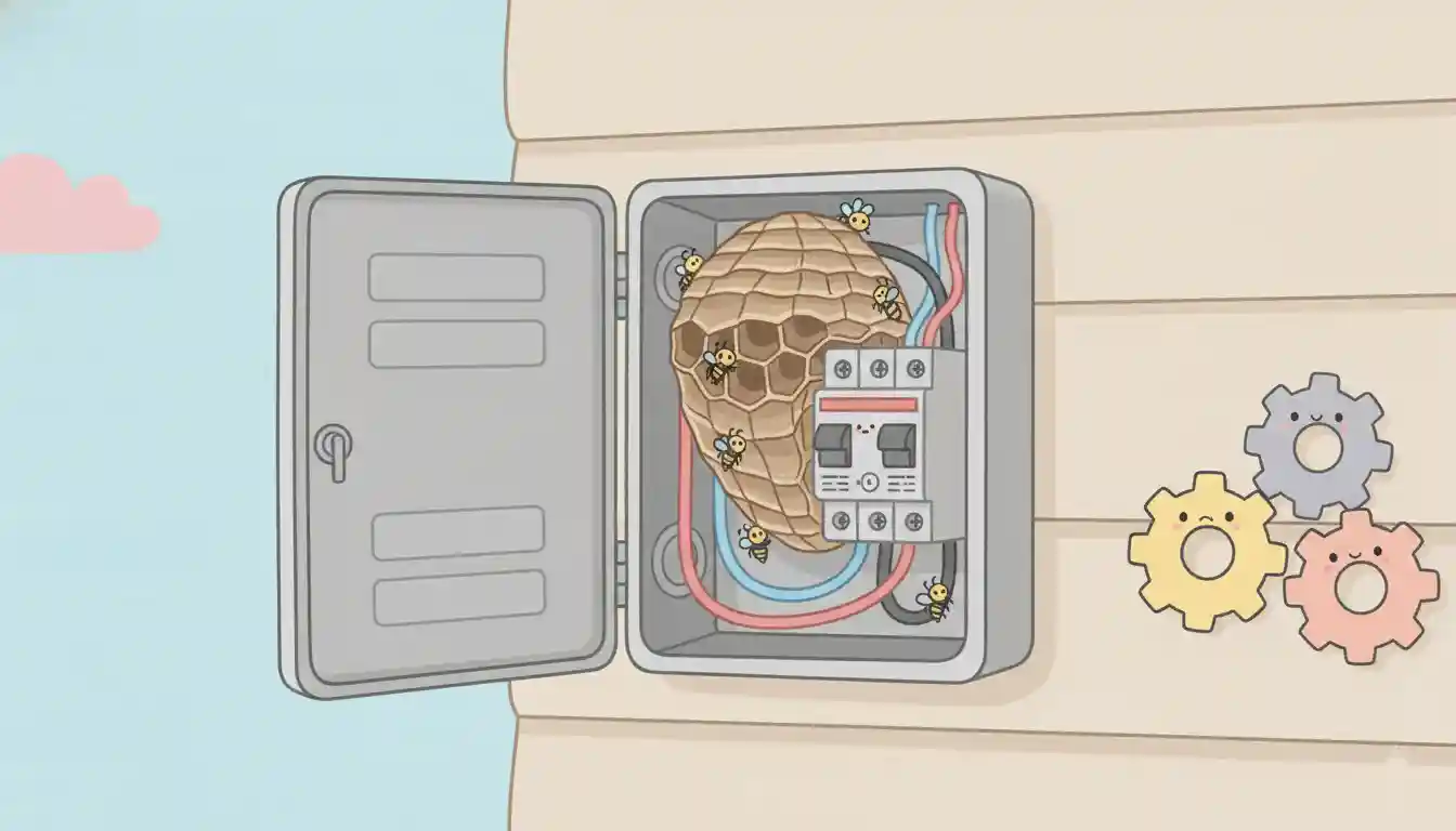 A gray outdoor electrical panel with a wasp nest built around the wires and circuit breakers.