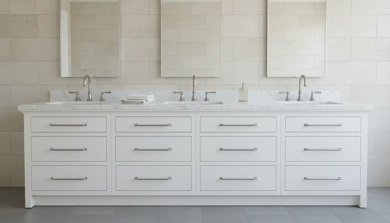 A white bathroom vanity with a marble countertop, silver faucet, and multiple drawers against a neutral tiled wall.