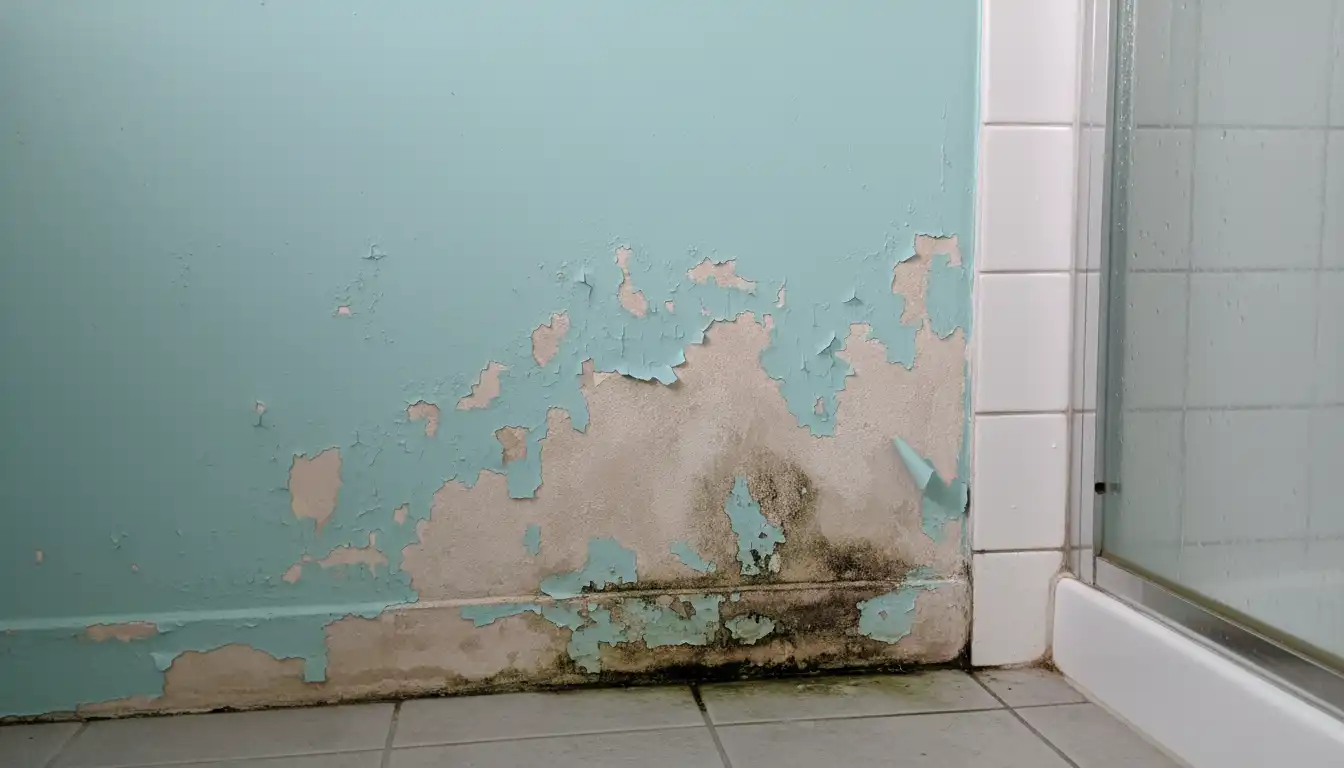 Discolored and peeling paint on a bathroom wall adjacent to a tiled shower stall, showing signs of moisture damage at the base.