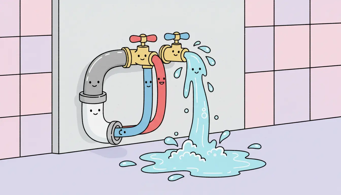 Water connection hoses and a drain pipe for a washing machine connected to valves on a wall.