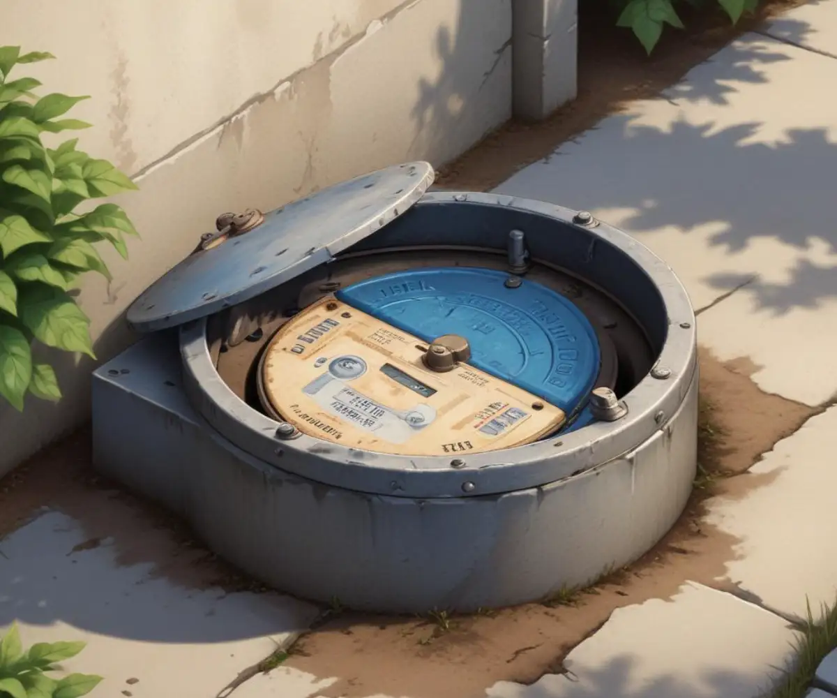 A heavy-duty cast iron water meter box lid set flush in a concrete driveway.