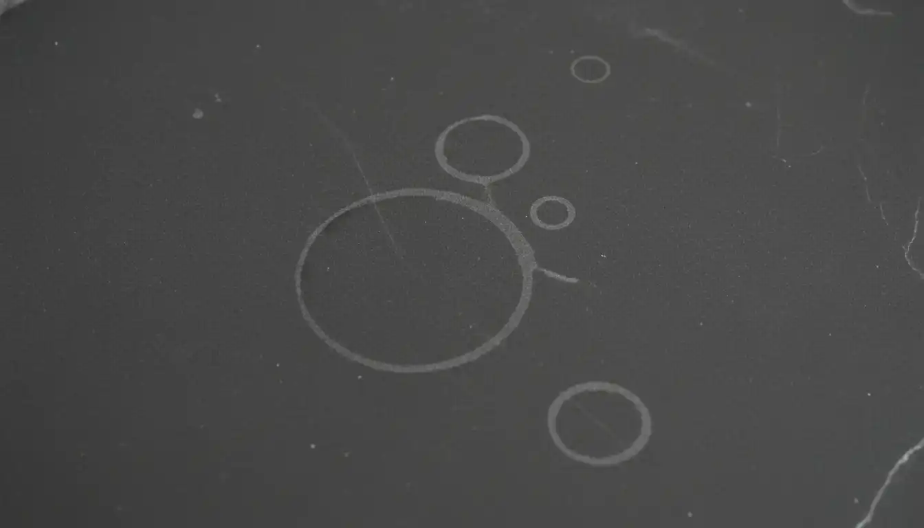 A close-up view of a dark, matte soapstone countertop showing faint, circular water rings on its surface.