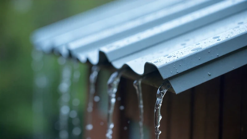 Close-up of rainwater running back under the overlapping edge of a gray metal roof panel.