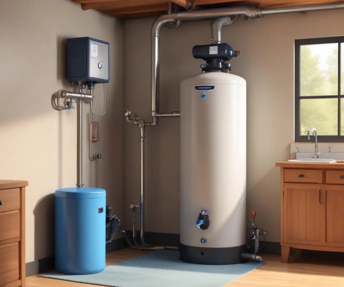 A residential water softener unit with a brine tank installed in a basement.