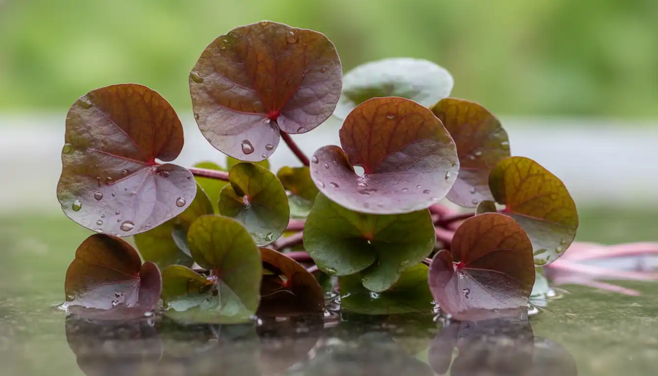 A close-up view of fresh purple watercress leaves, showing their distinct coloration and delicate texture, resting in a shallow pool of clear water.