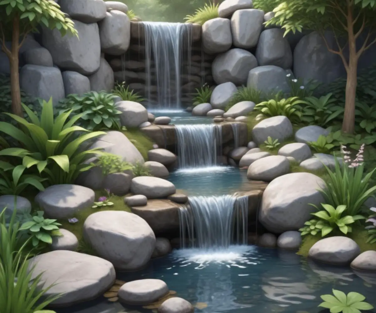 A tranquil garden waterfall constructed with carefully arranged flat, gray stones, creating multiple cascades into a small pond.
