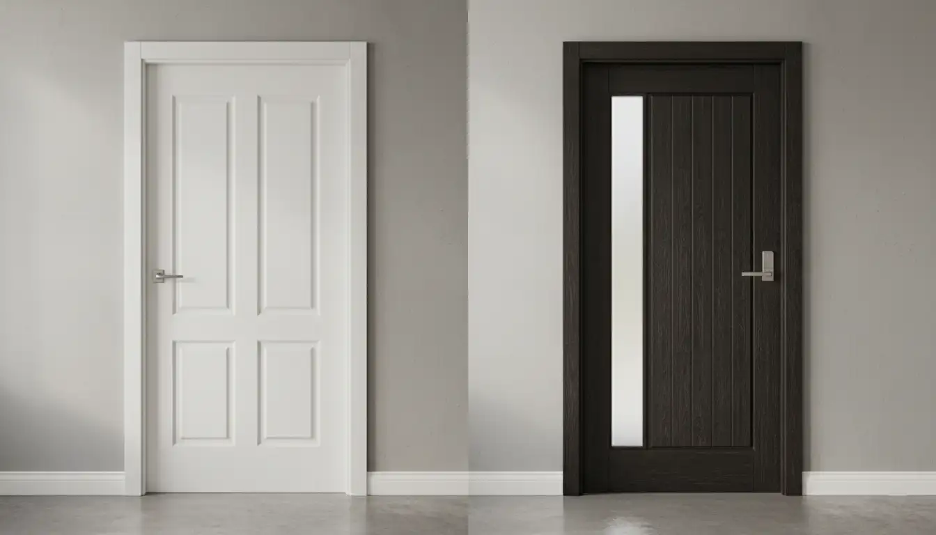 A side-by-side view of a classic six-panel white entry door and a modern dark wood-grain fiberglass entry door against a neutral wall.