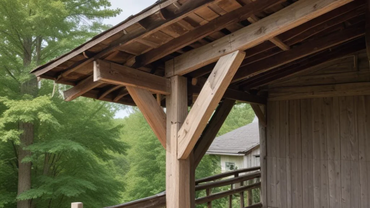 A wooden support post holding up a sagging roof overhang with exposed, weathered rafters.