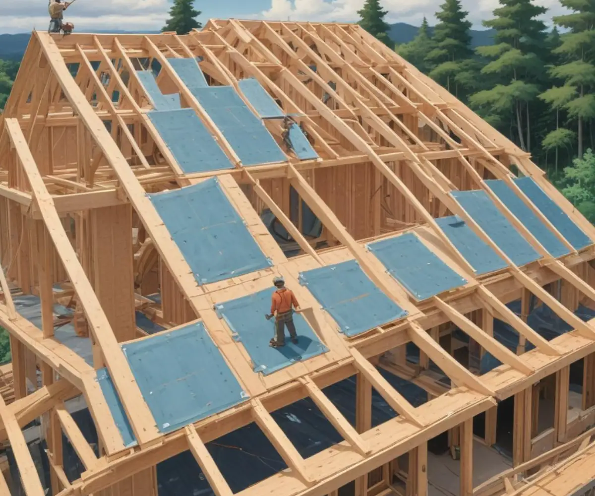 Structural sheathing panels with an integrated water-resistive barrier being installed on the roof of a new wood-framed house.