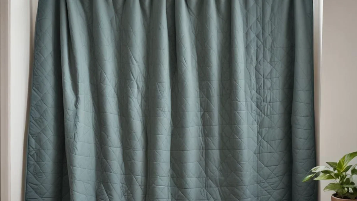 A dense, quilted weighted blanket hung over a window to absorb sound and soundproof a room.