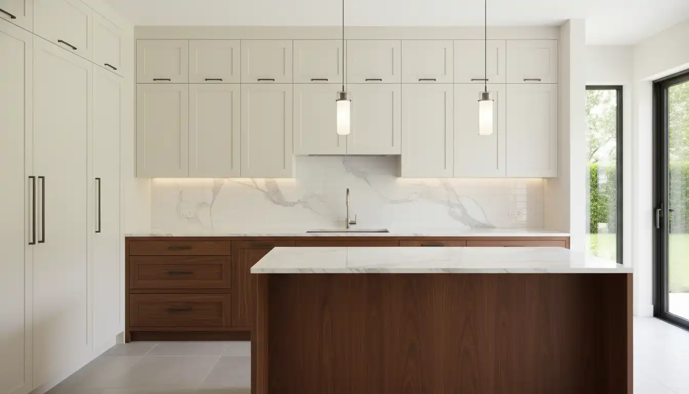 A modern kitchen with elegant, light-colored upper cabinets and contrasting dark wood lower cabinets under a white marble countertop.