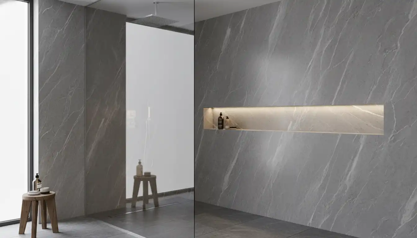 A contemporary shower interior featuring seamless, gray, marble-patterned waterproof wall panels instead of traditional tiles.